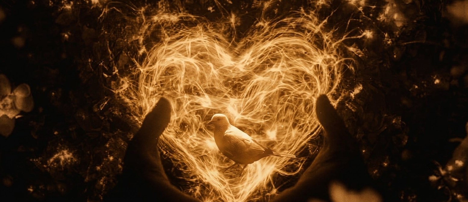 Relaciones y amor - corazón de luz dorada con pájaro blanco