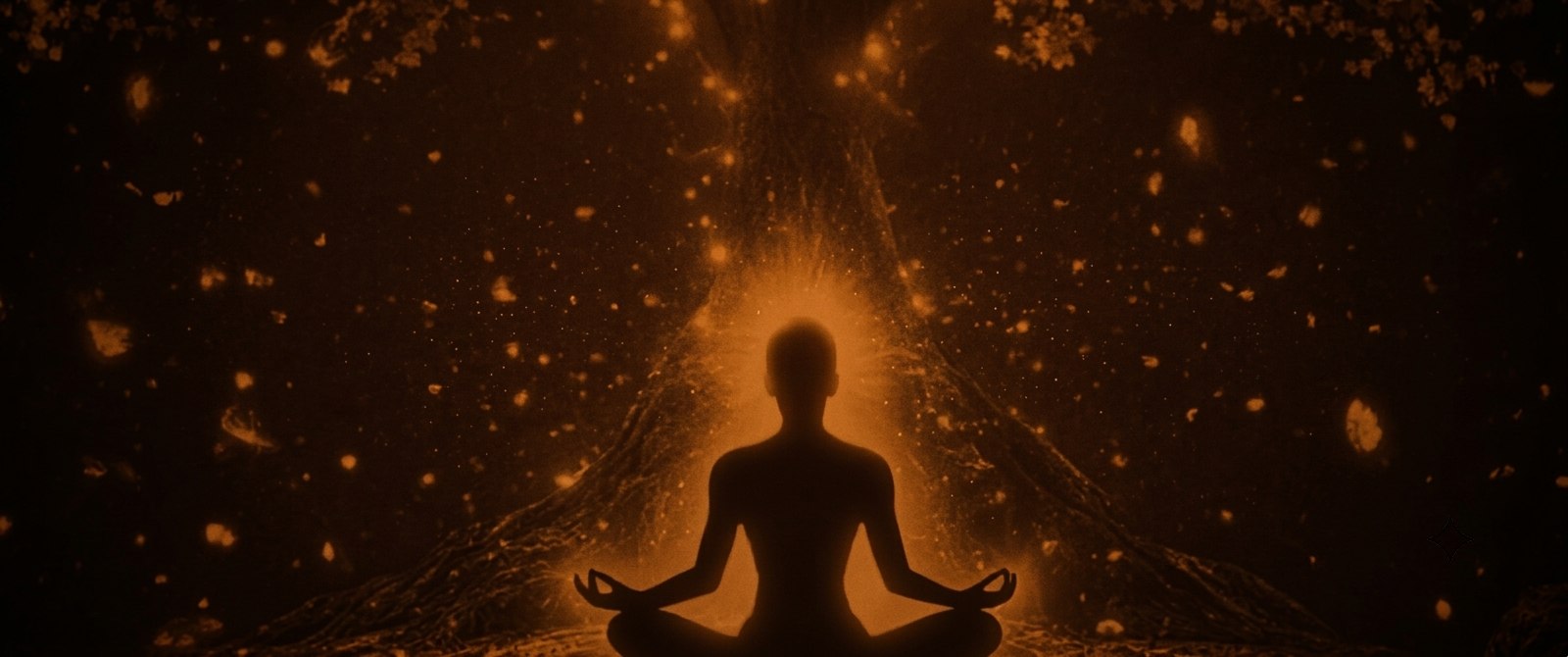 Estado interno y equilibrio - silueta meditando con energía cósmica dorada